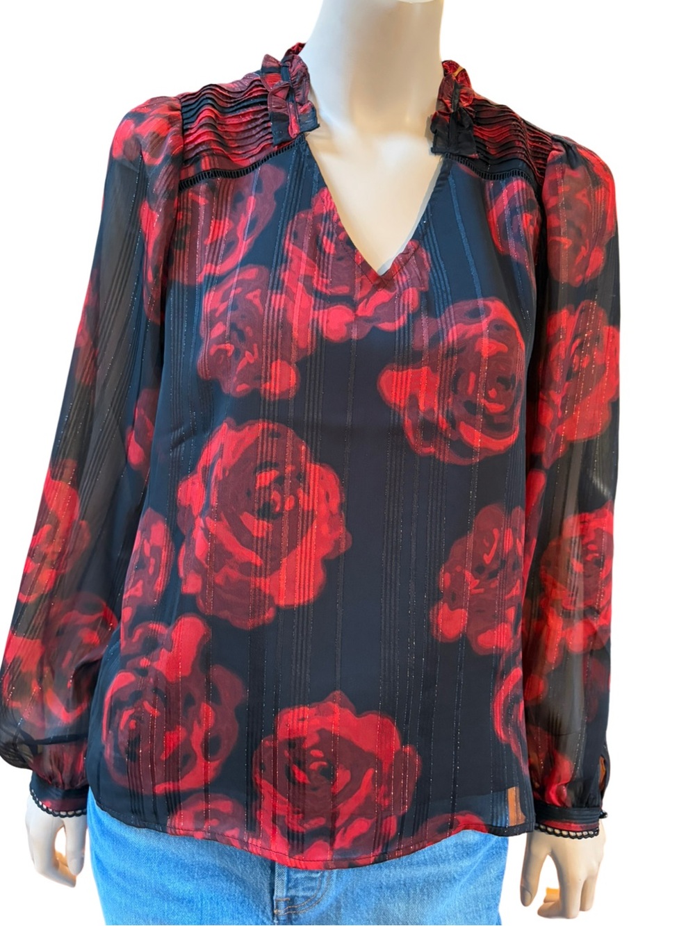 New Nanette Lepore Black Red Rose Sheer Sleeve Lined Blouse Top M